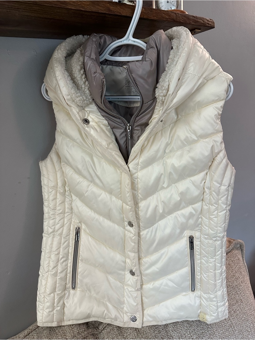 Marc New York Cream Quilted Puffer Vest with Sherpa-Lined Hood